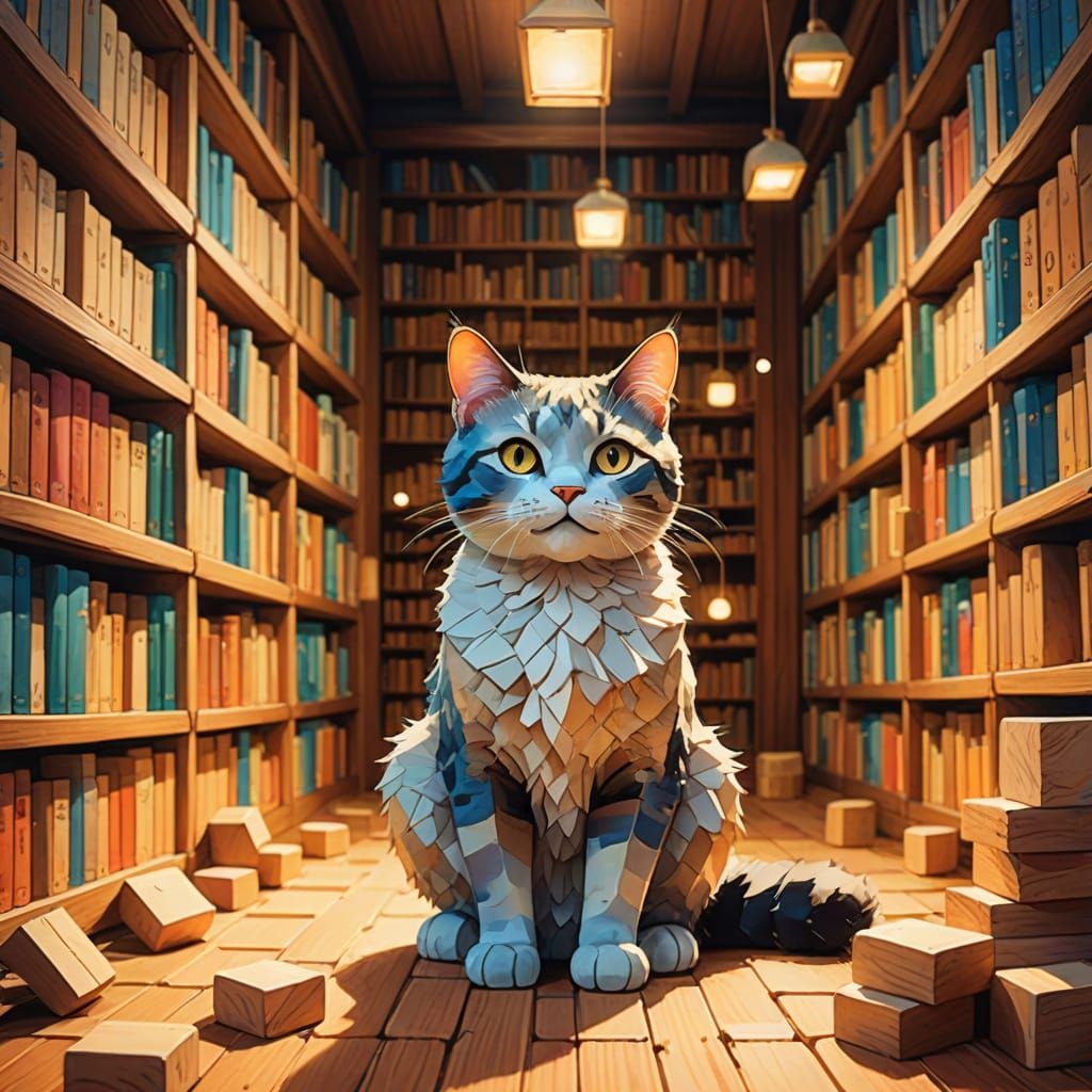 Wooden Cat in Library, Whimsical Watercolor Illustration