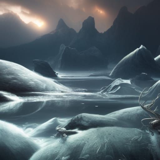 Underwater Ice Mountains with Kelp and Fish in Dark Fantasy ...
