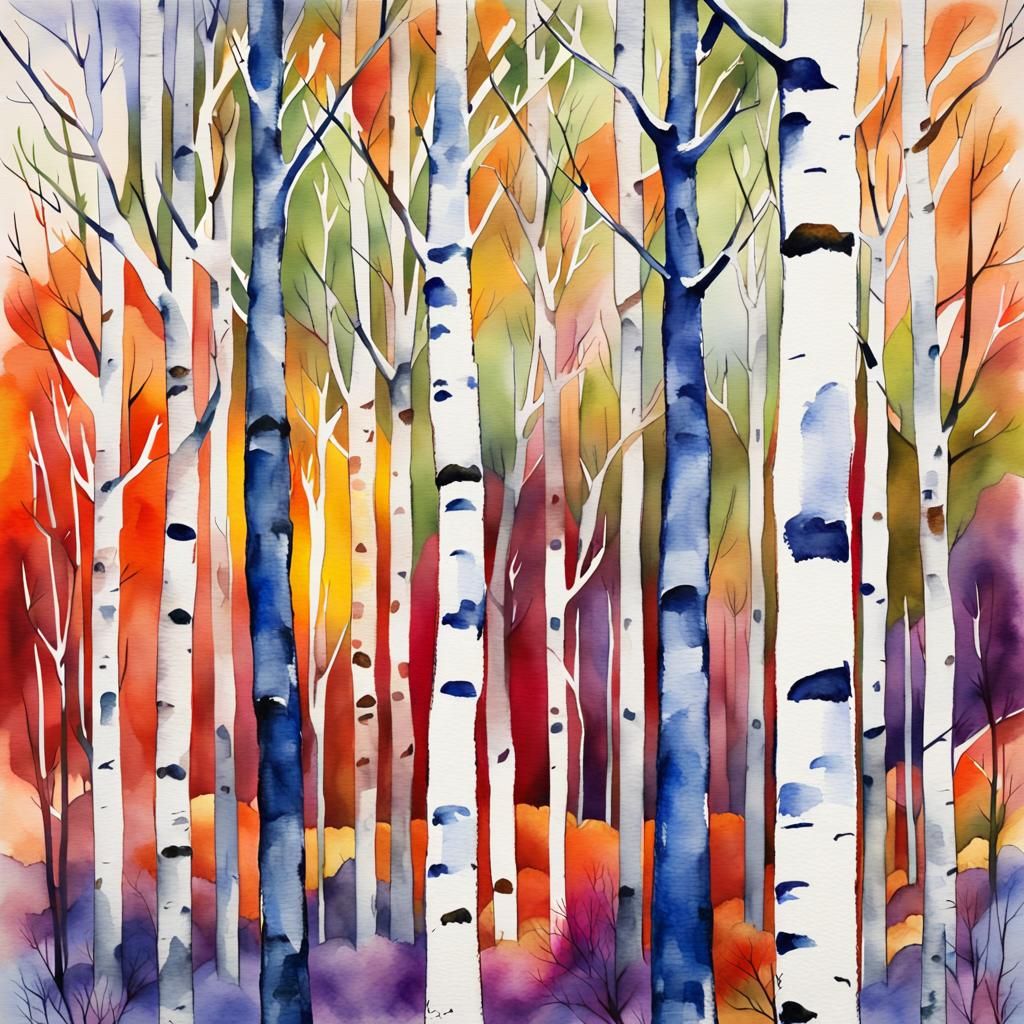 Whimsical Winter Birch Forest in Watercolor Style