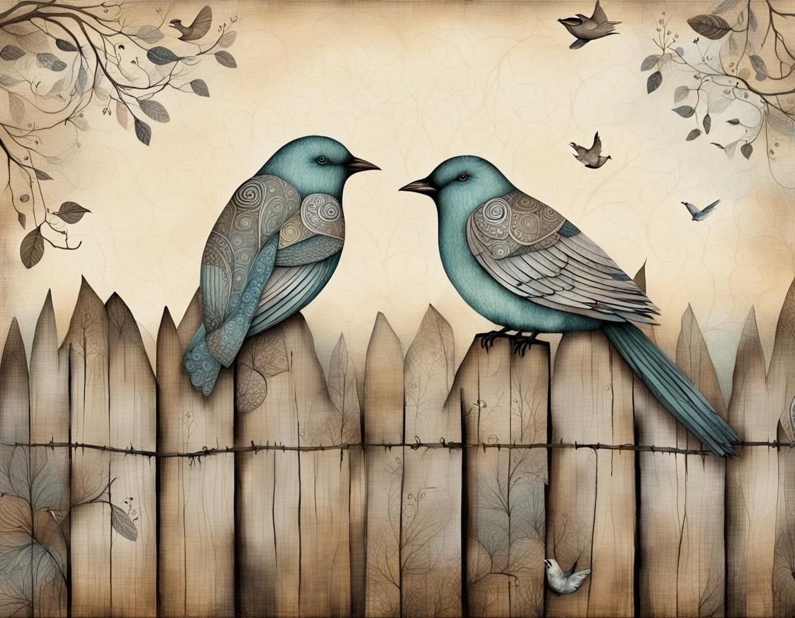 Birds Chatting on Fence in Folk Art Style
