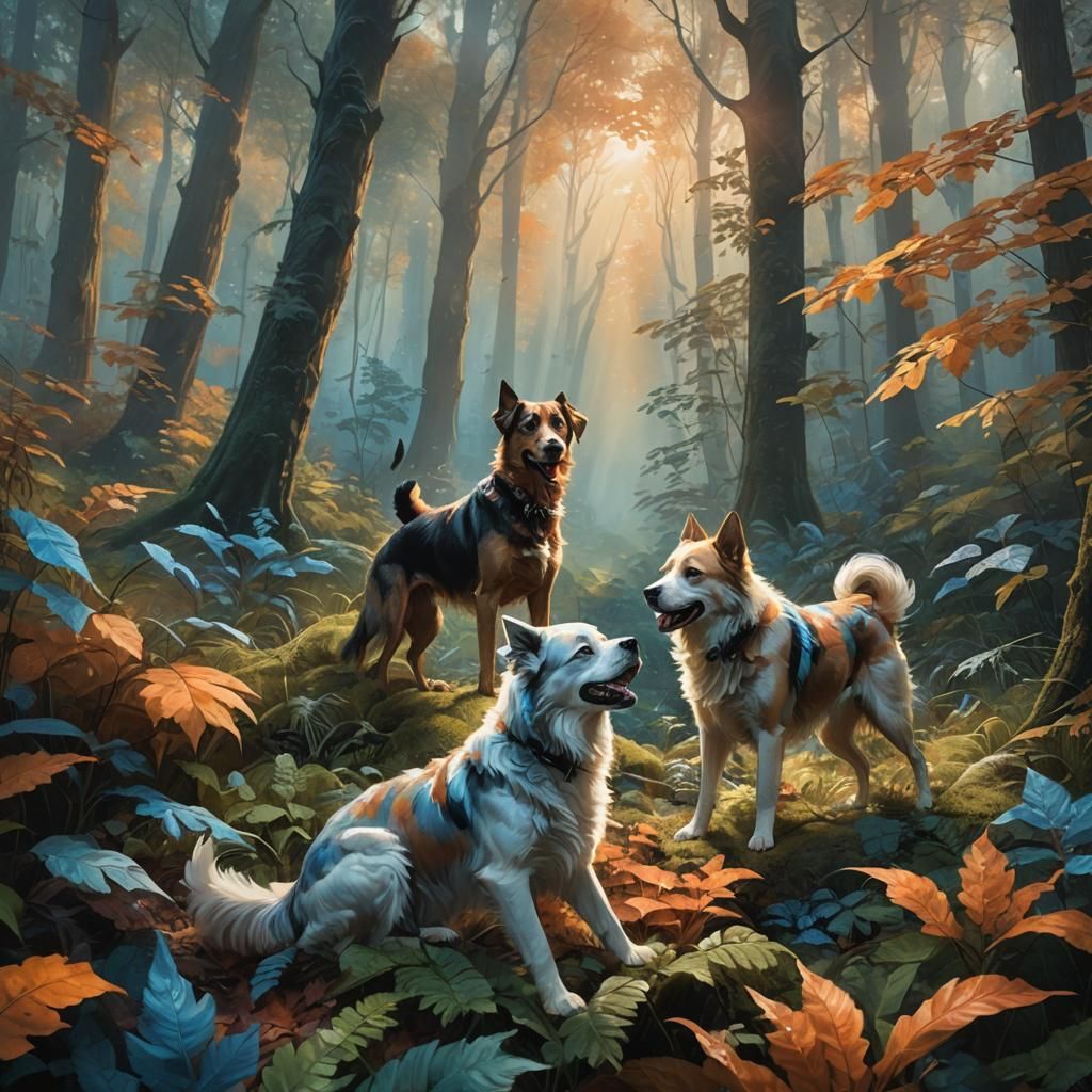 Dogs Playing in Lush Forest: Fantasy Concept Art