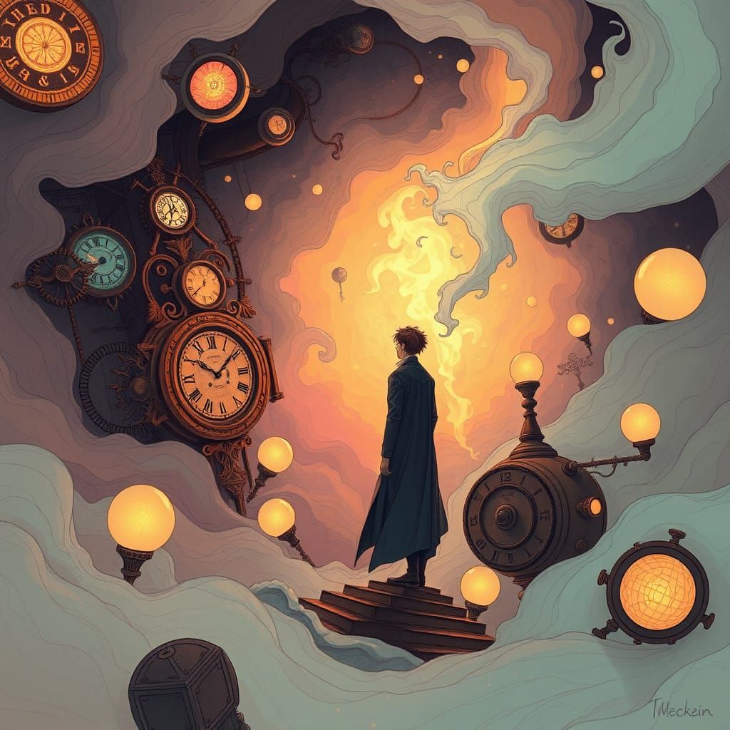 Surreal Figure Ponders Existential Dilemma in Dreamlike Cloc...