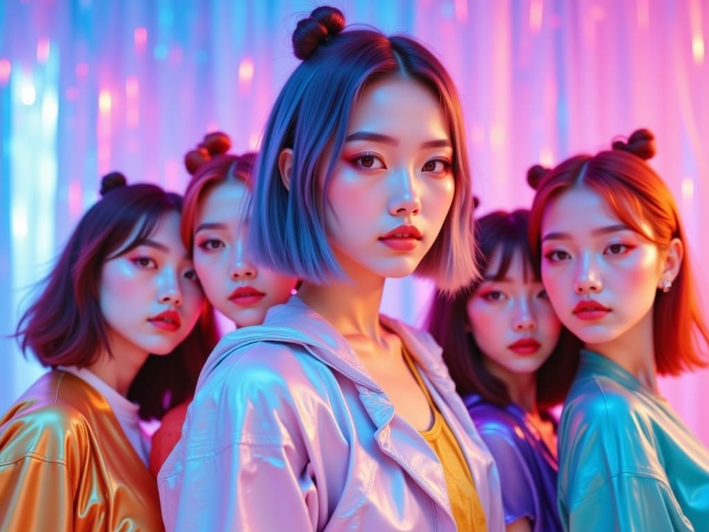 K-Pop Idols in Dreamlike Pastel Scene