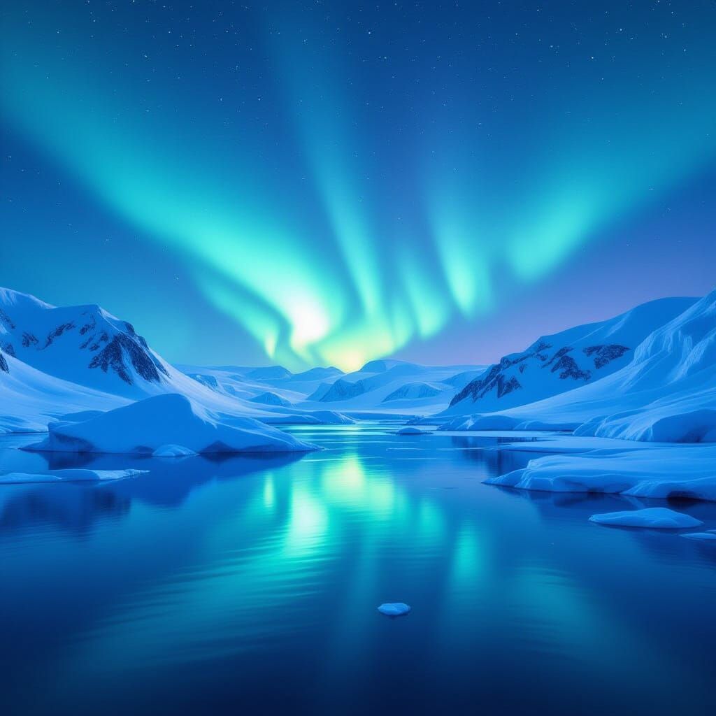 Arctic Aurora Borealis Reflecting on Icebergs