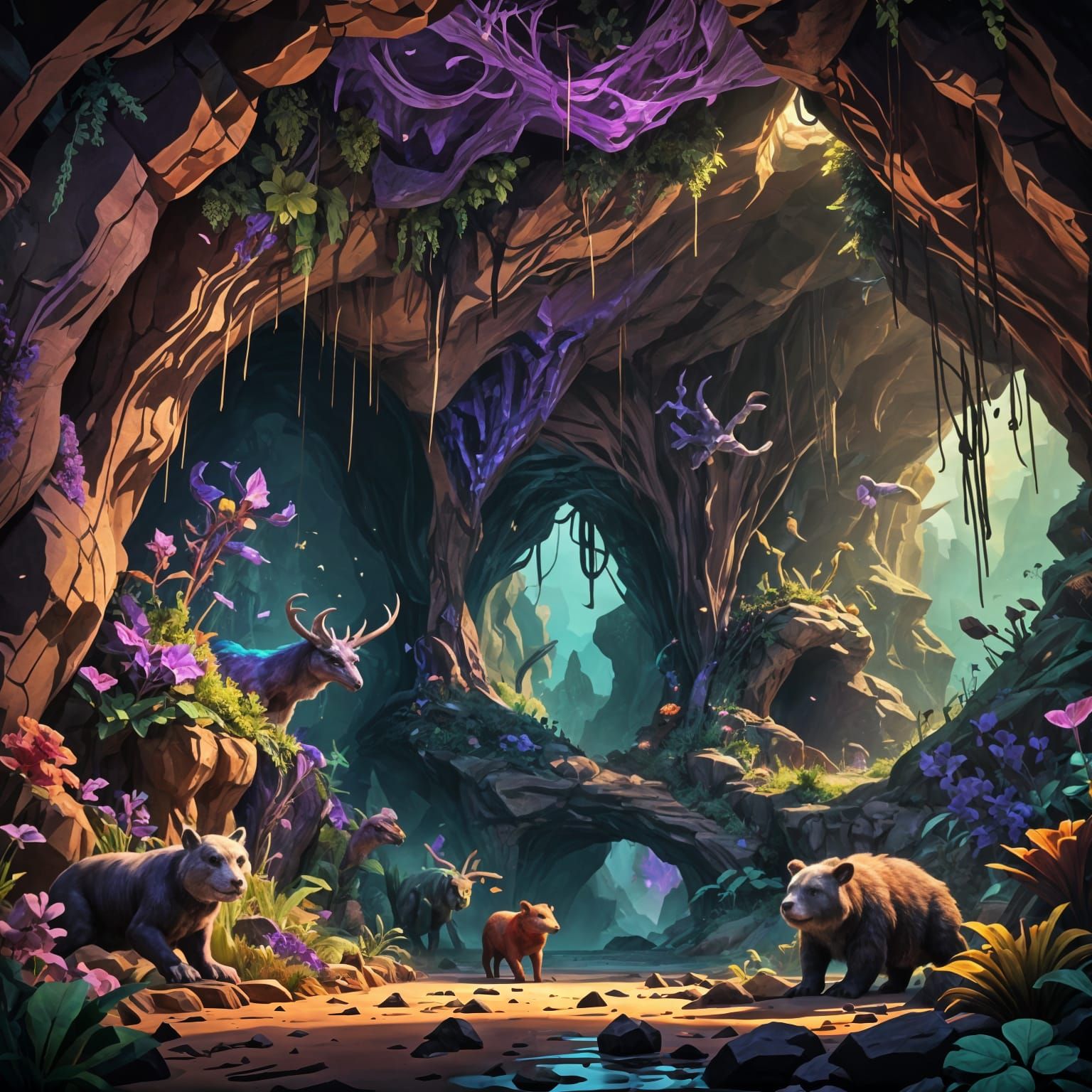 Fantastical Underground Animals in Detailed Matte Painting