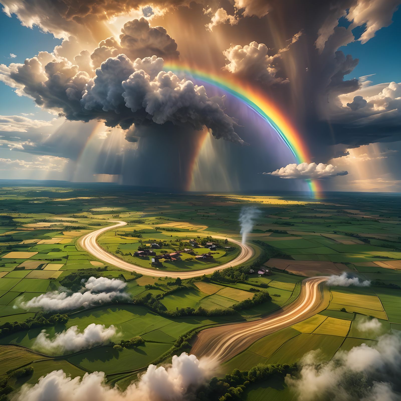 Neon Rainbow Typhoon Sweeping Rural Landscape