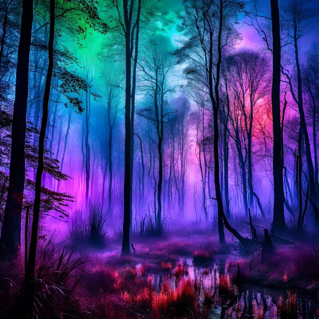 Haunted Forest Shrouded in Iridescent Mist