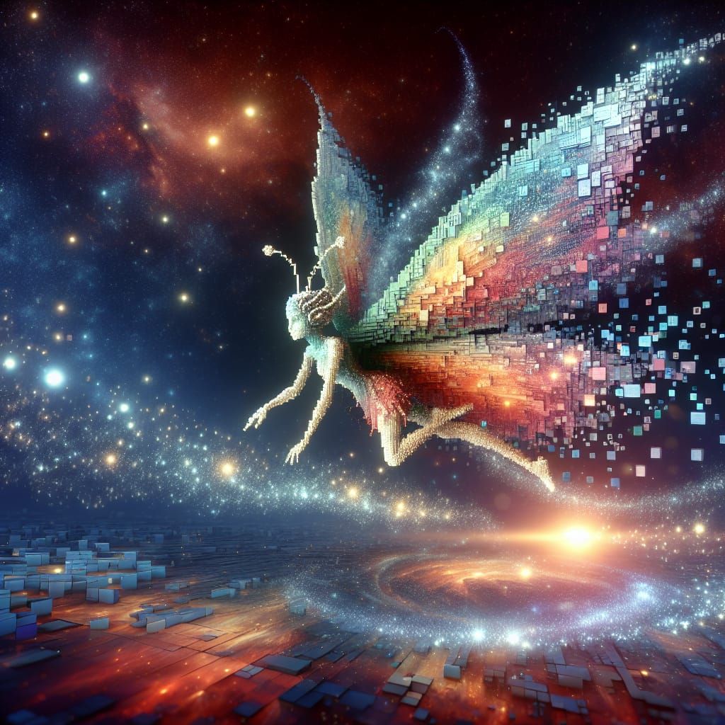 Enchanting Pixelated Fairy Ascends from Galactic Void