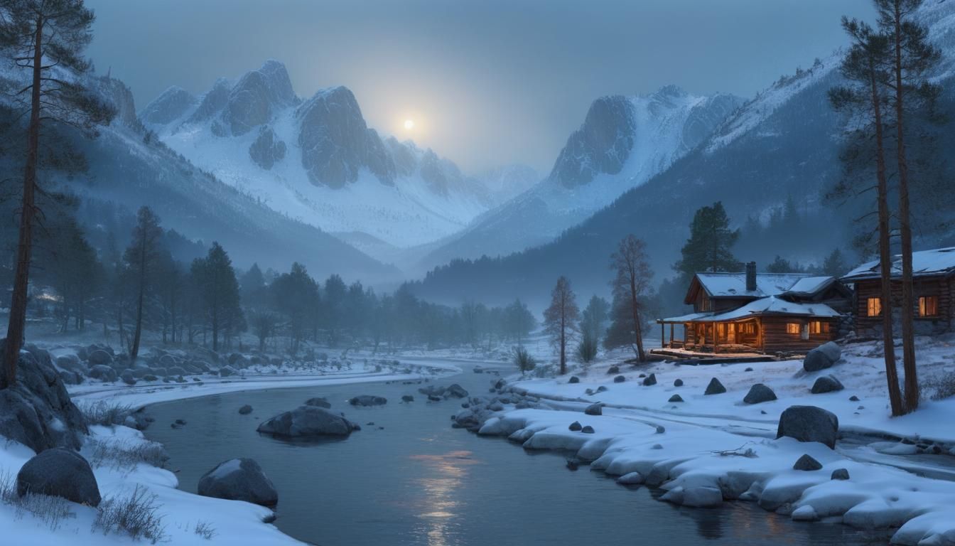 Eerie Winter Valley Landscape at Night in Photorealistic Sty...