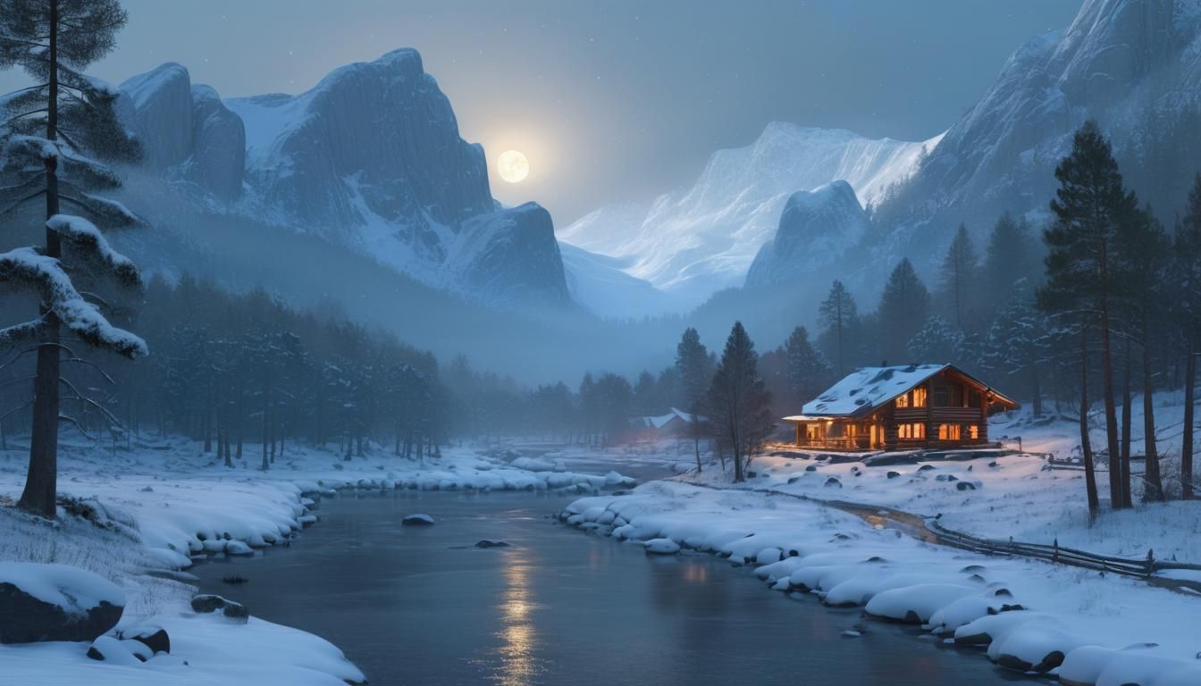 Winter Valley at Night as Photorealistic Painting