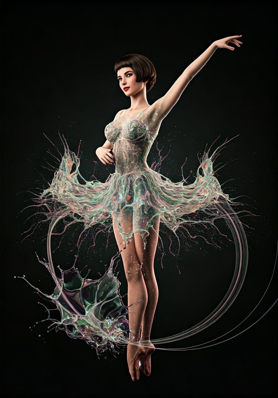 Brunette Pixie Dancer in Exploding Fractal Liquid Art