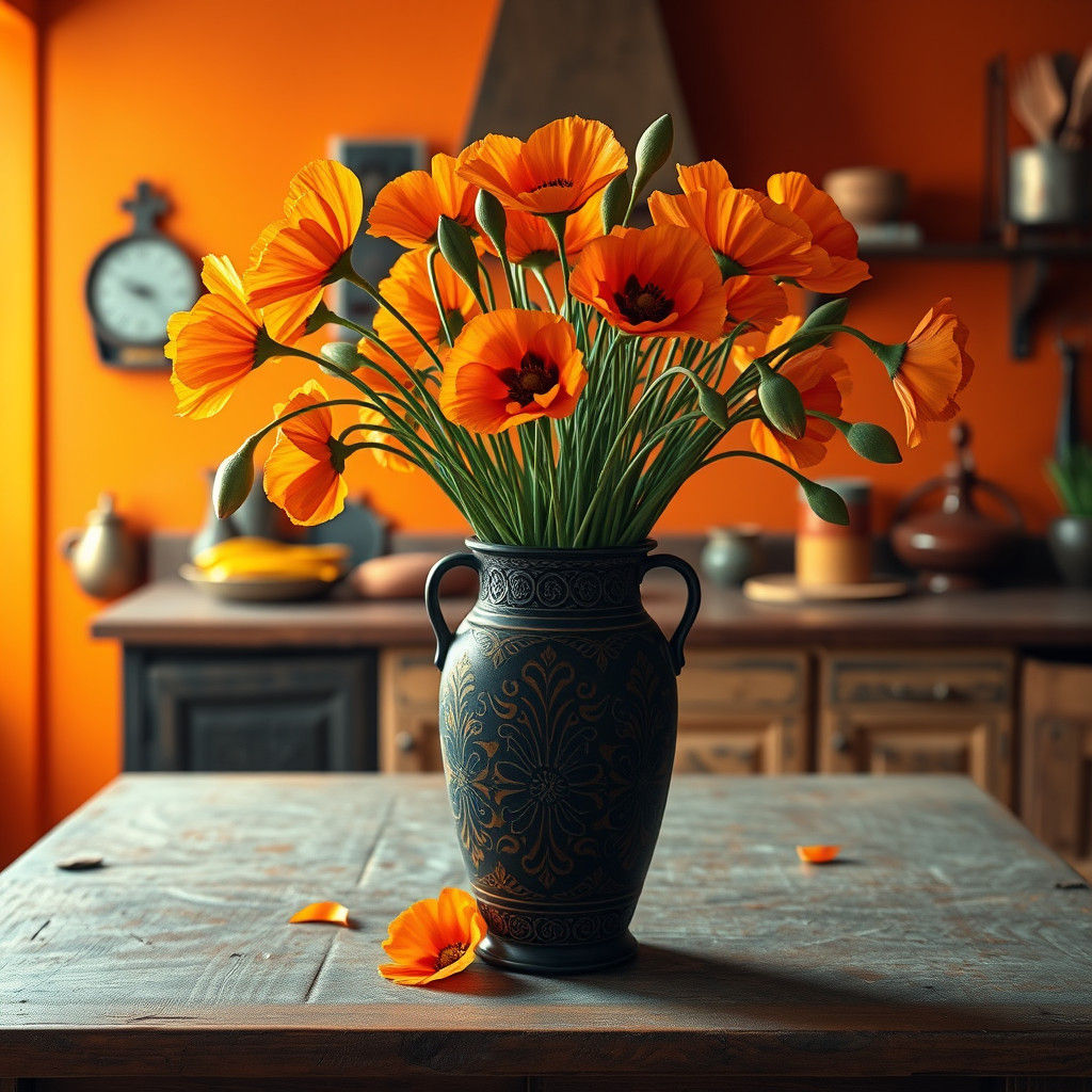 Orange Poppies in Aztec Vase: A Surreal Still Life