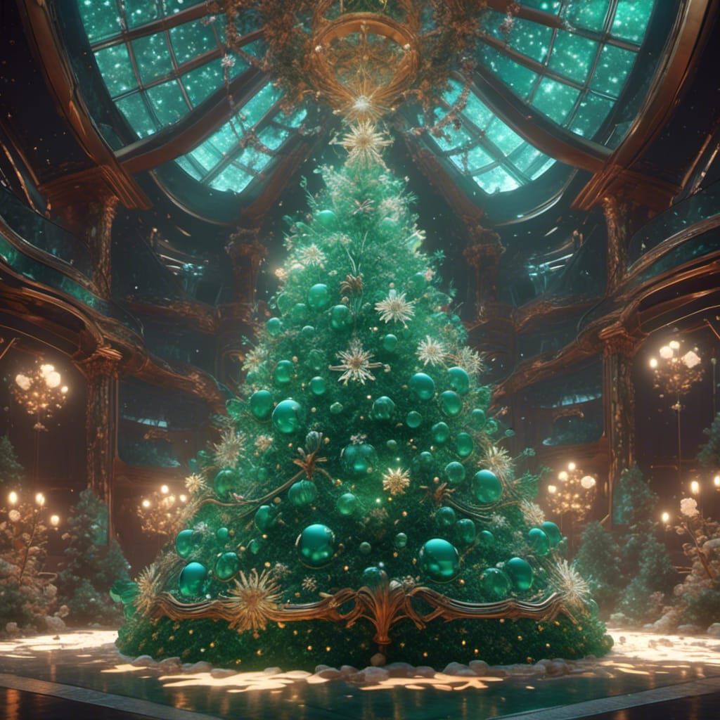 Green Glass Christmas Tree with Floral Ornaments