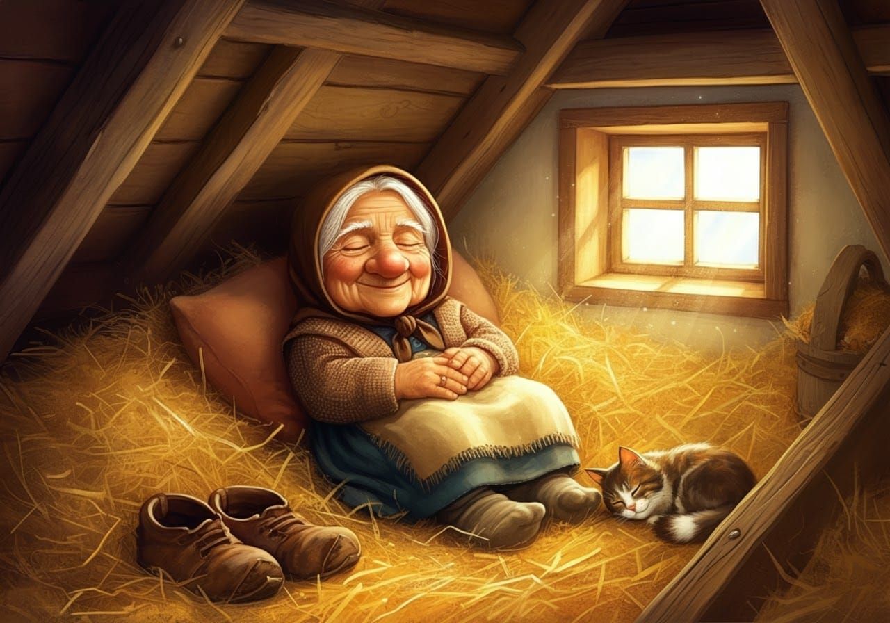 Dwarf Grandmother Sleeping Peacefully in Attic Sunlight