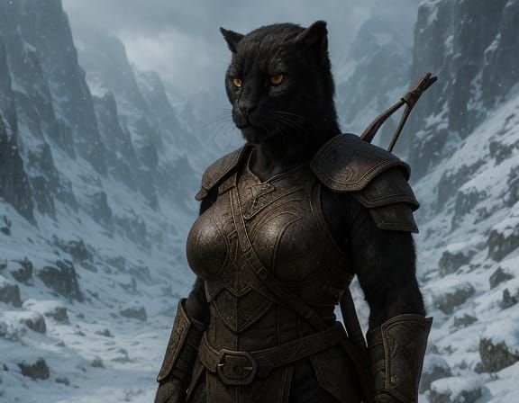 Majestic Khajiit Warrior in Snowy Mountain Pass