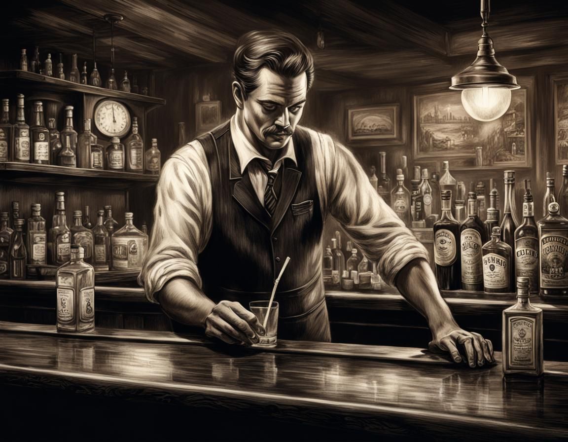 Vintage Bar Scene with Bartender in Dim Lighting