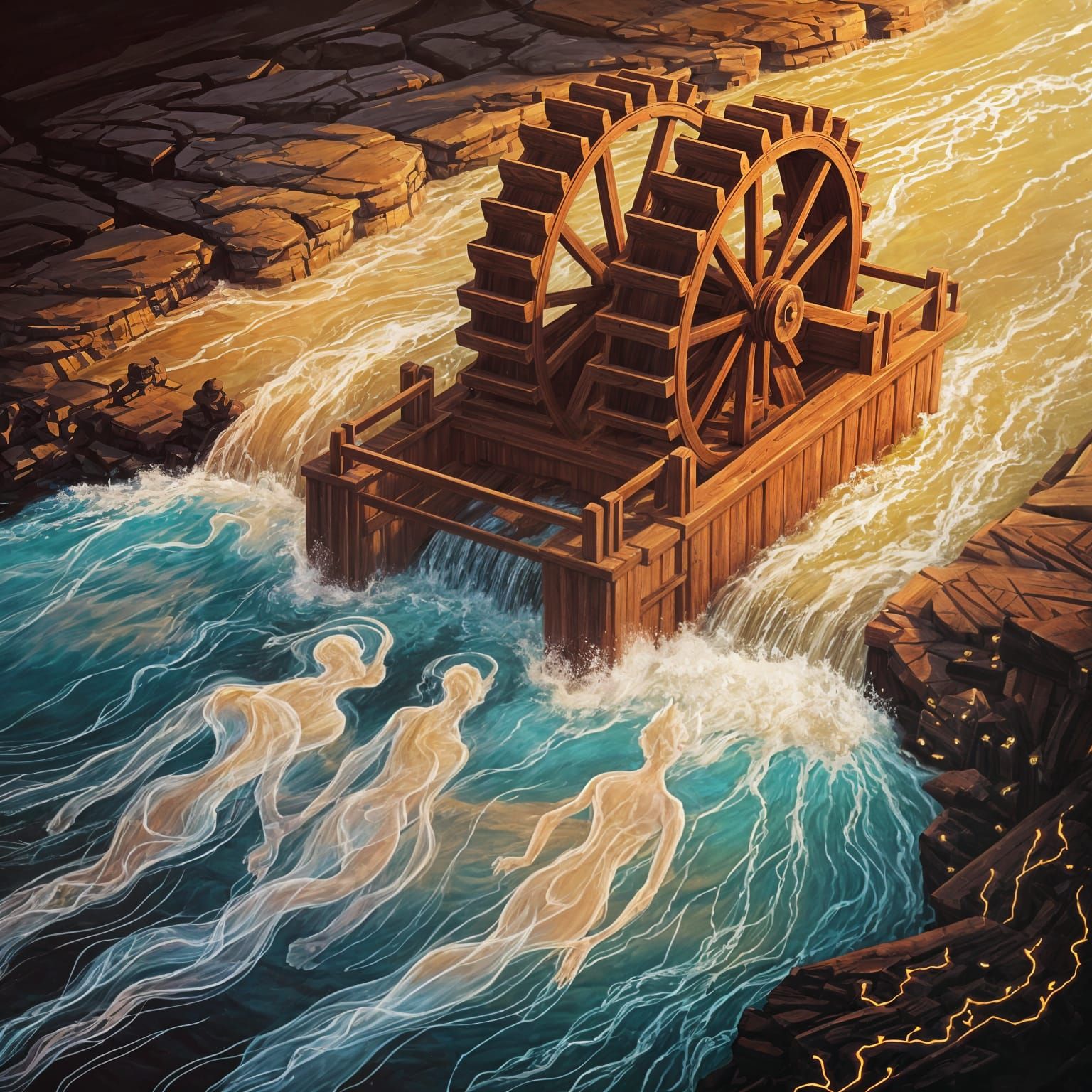 Digital Waterwheel Majesty in Ethereal Light