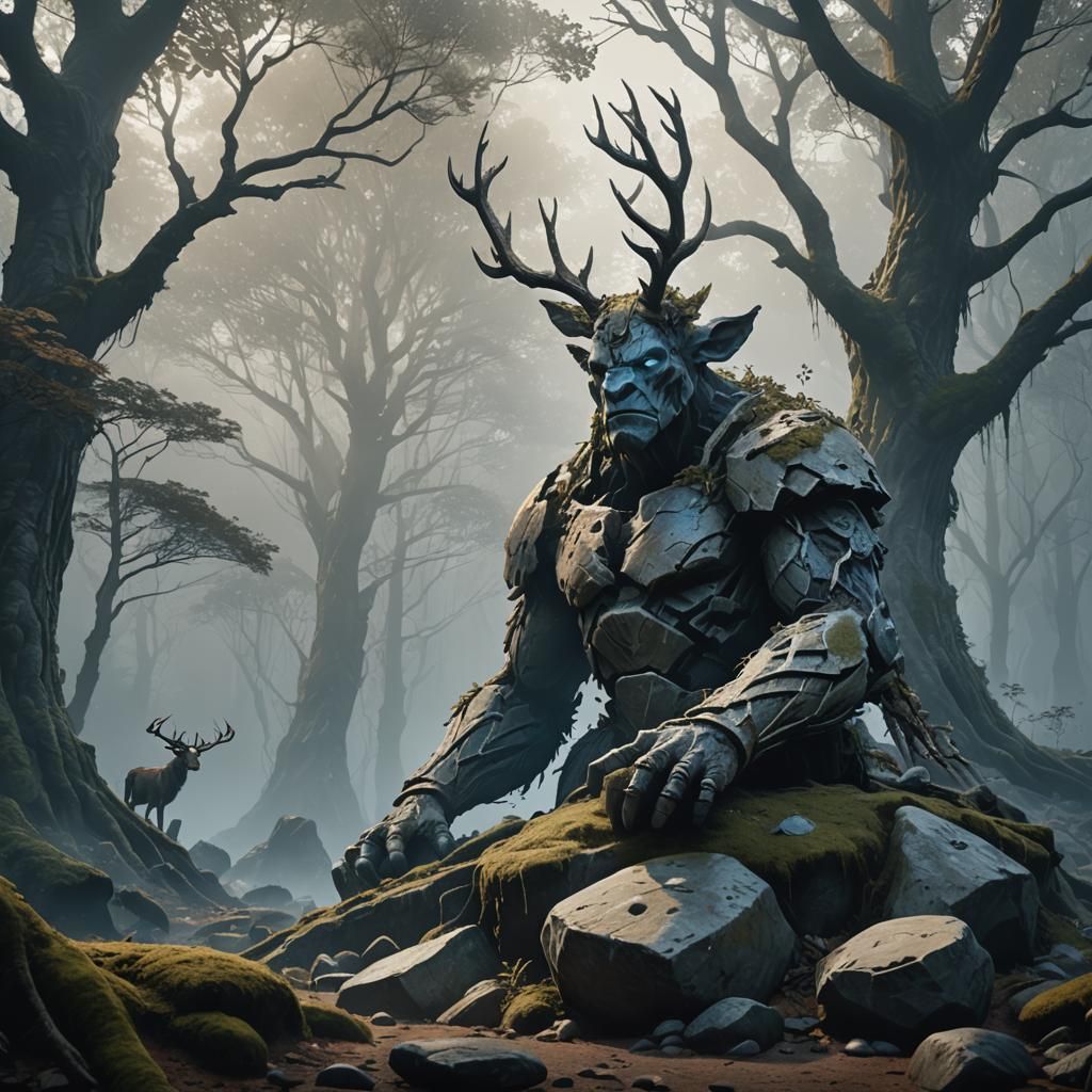 Rock Golem and Deer in Misty Forest
