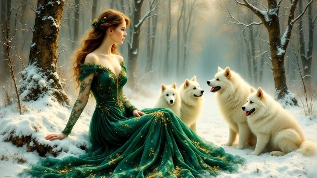 Ethereal Woman in Green Gown with Dogs