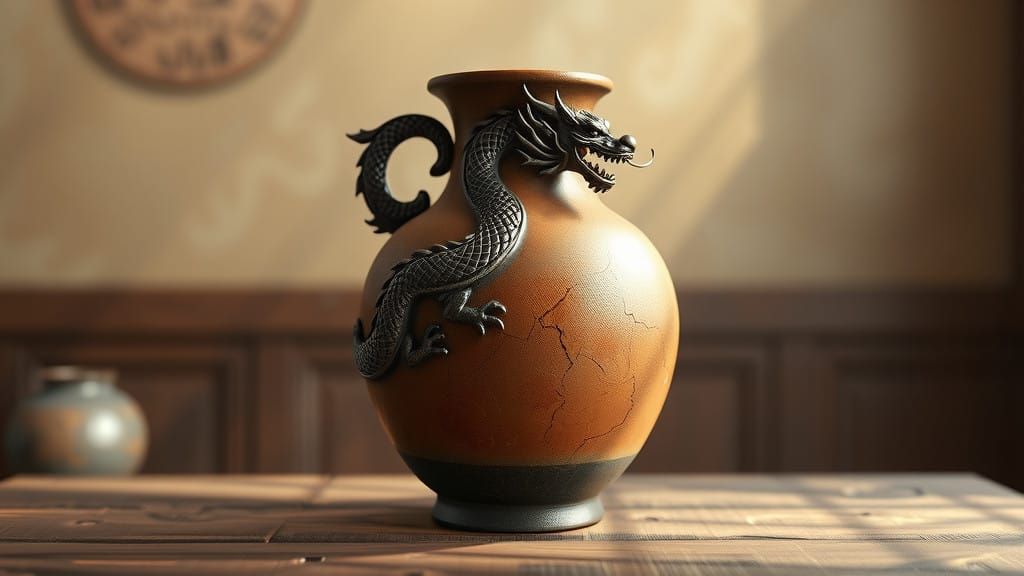 Ancient Clay Vase with Dragon Motif in Ornate Carvings and E...