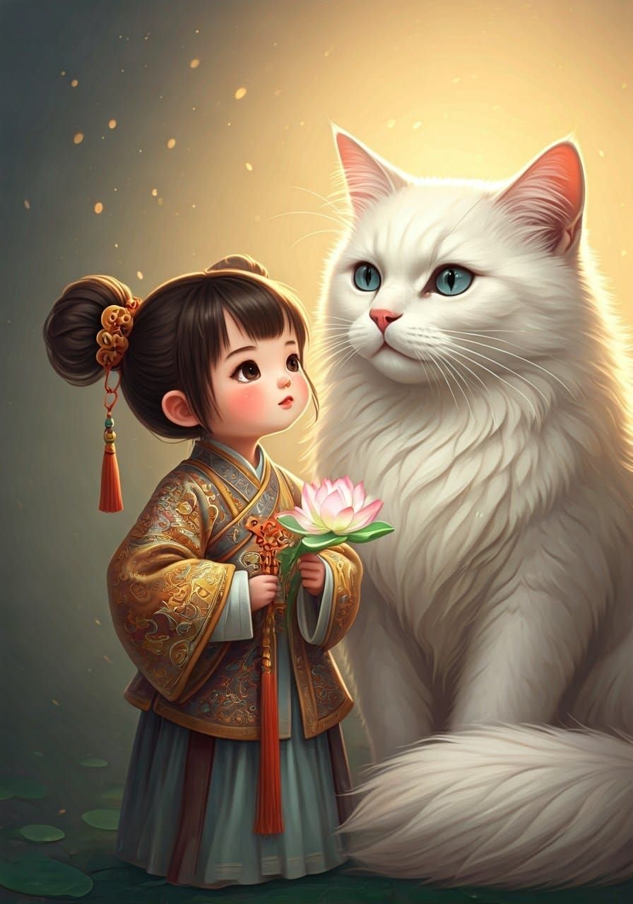 Child with Lotus Flower Gazing at White Cat