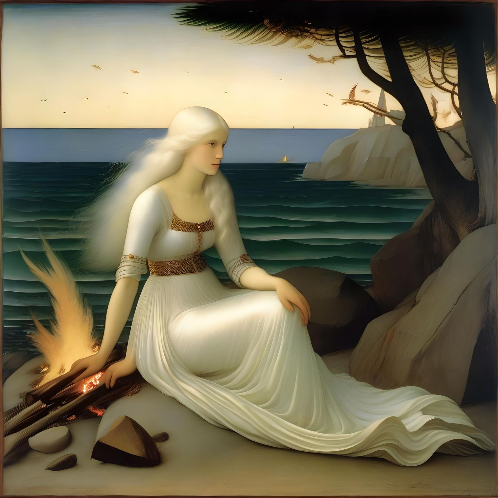 Mermaid by Campfire in Pre-Raphaelite Style