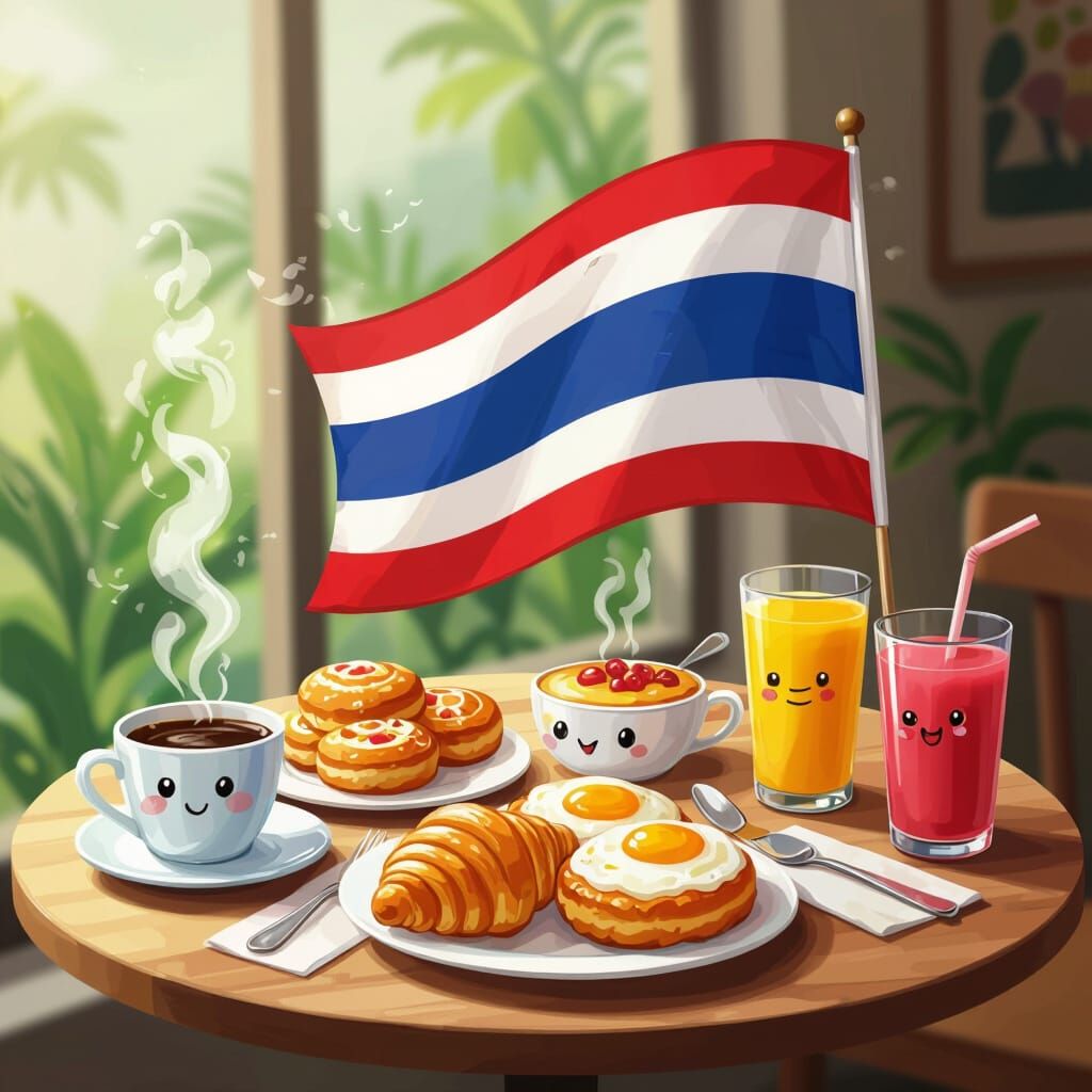 Cartoon Thai Breakfast Still Life, Whimsical Style