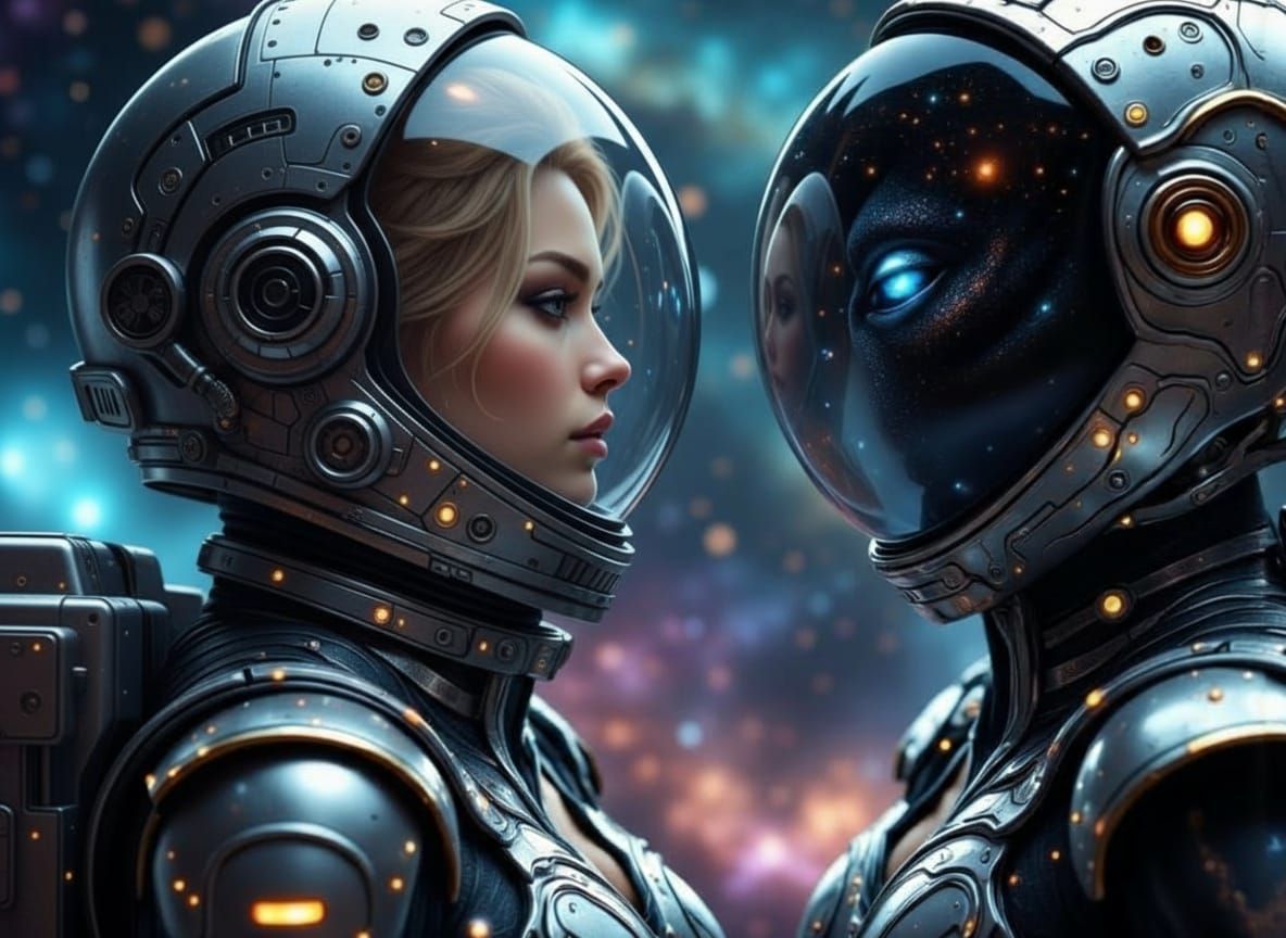 Astronaut and Alien Encounter in Galaxycore Style