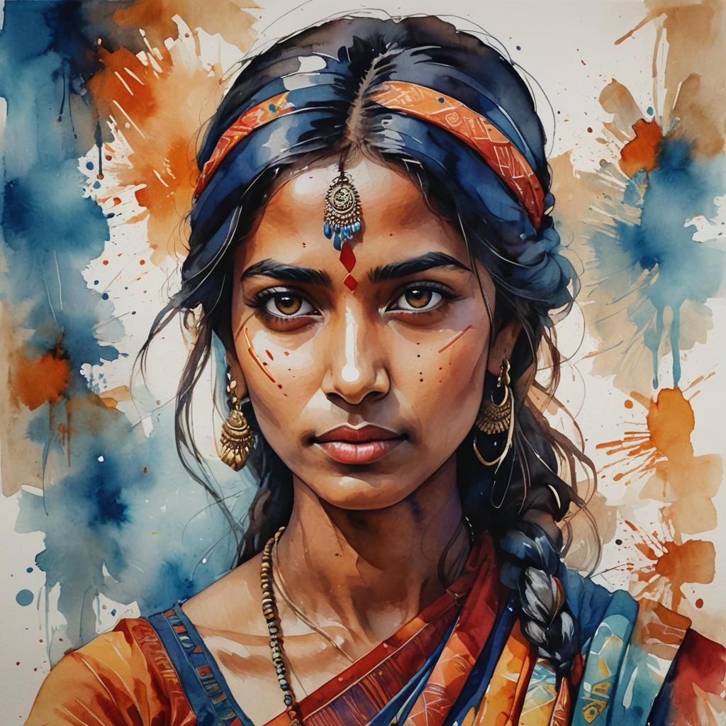 Vibrant Watercolor Portrait of a Young Indian Woman