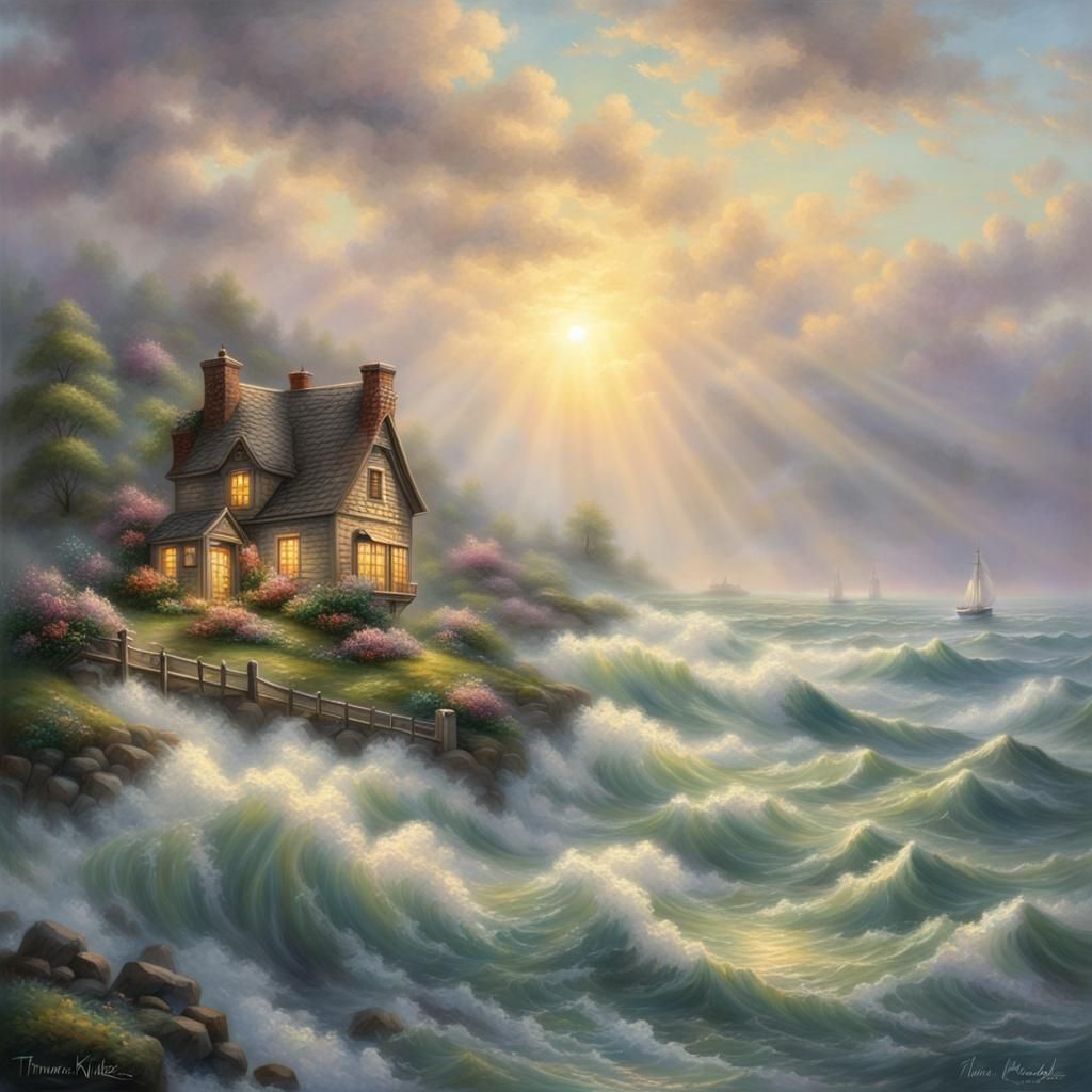 Ethereal Fantasy Brig Sailing in Spring Sunlight