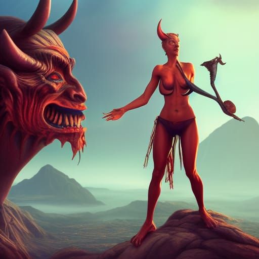 Woman with Abs Posing with Devil: Detailed Matte Painting