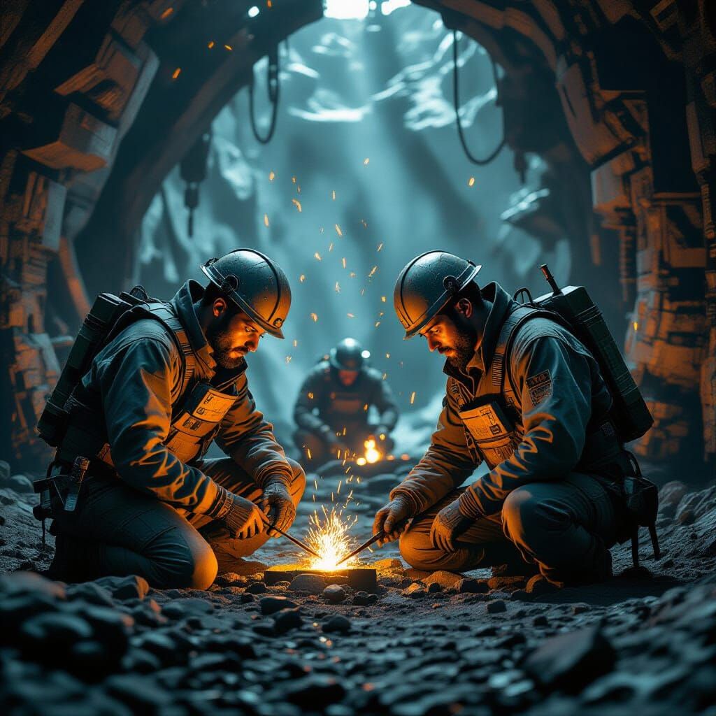 Dystopian sci-fi art. Medium shot. Mining colony on Xylos-7....