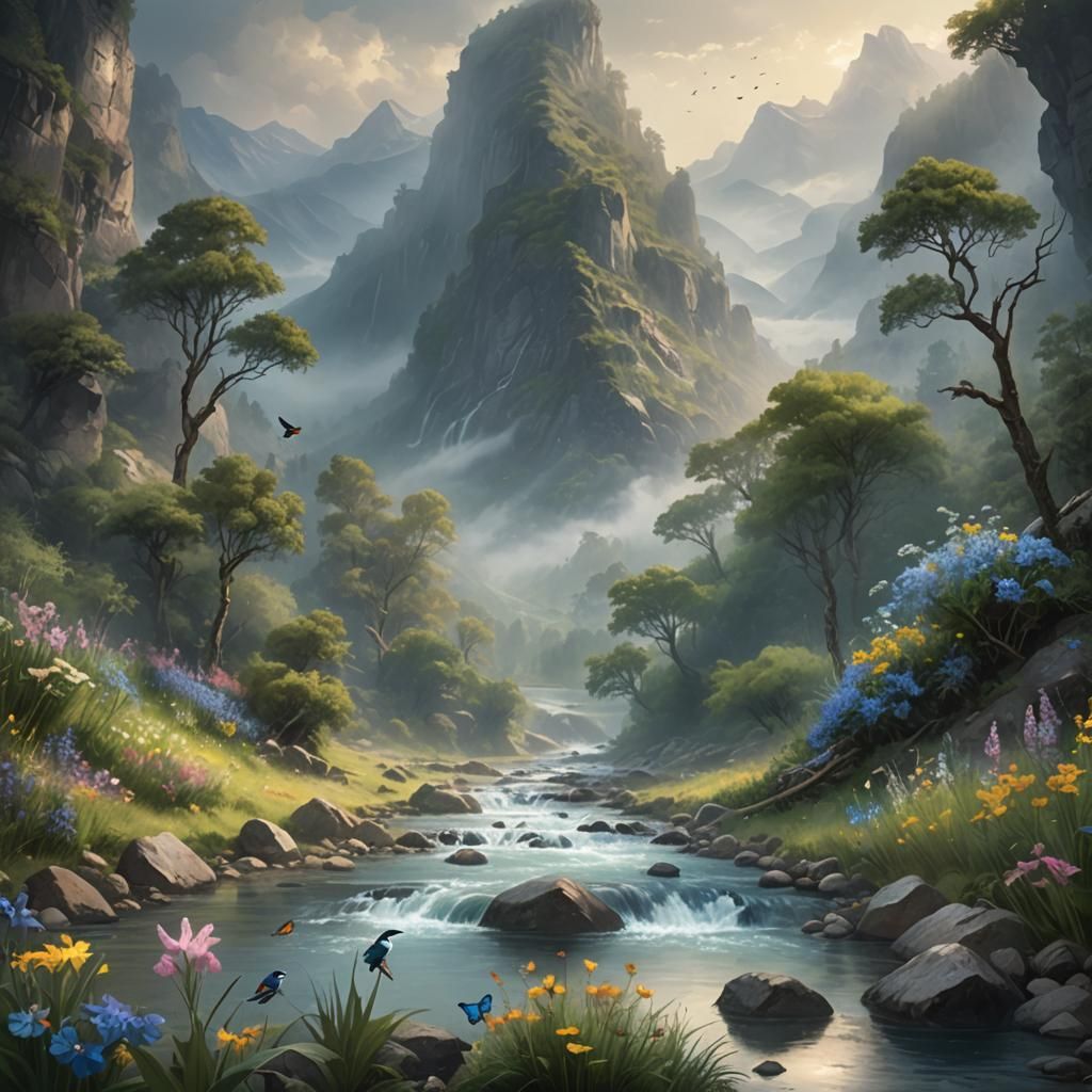Lush Mountain River Landscape in Ethereal Style