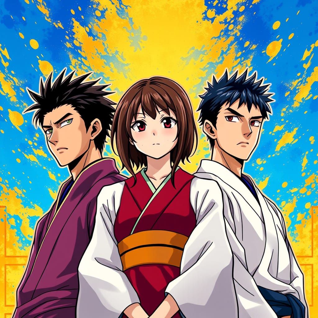 Anime Trio in Dynamic Blue and Gold Background