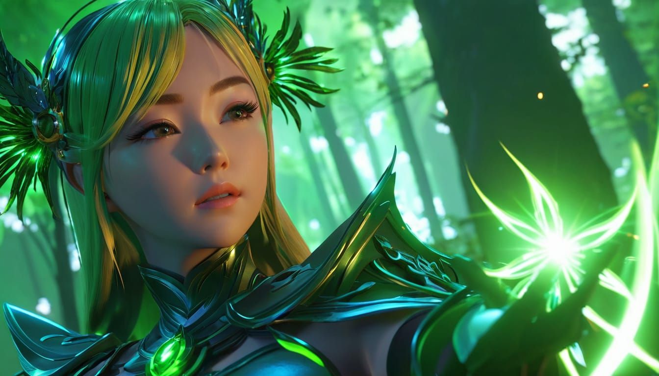 Anime Enchantress Manipulates Mystical Green Aura