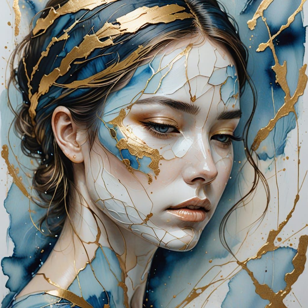Serene Woman Profile with Kintsugi Gold Accents