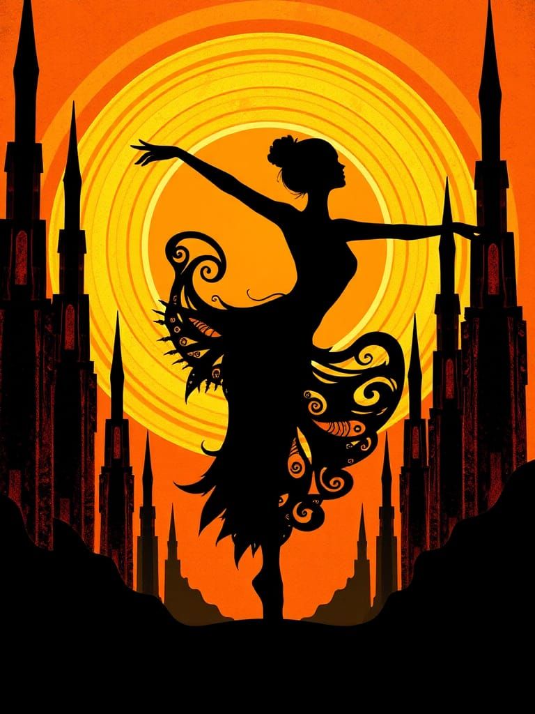 Ethereal Dancer Silhouette in Vibrant Orange and Black Art N...