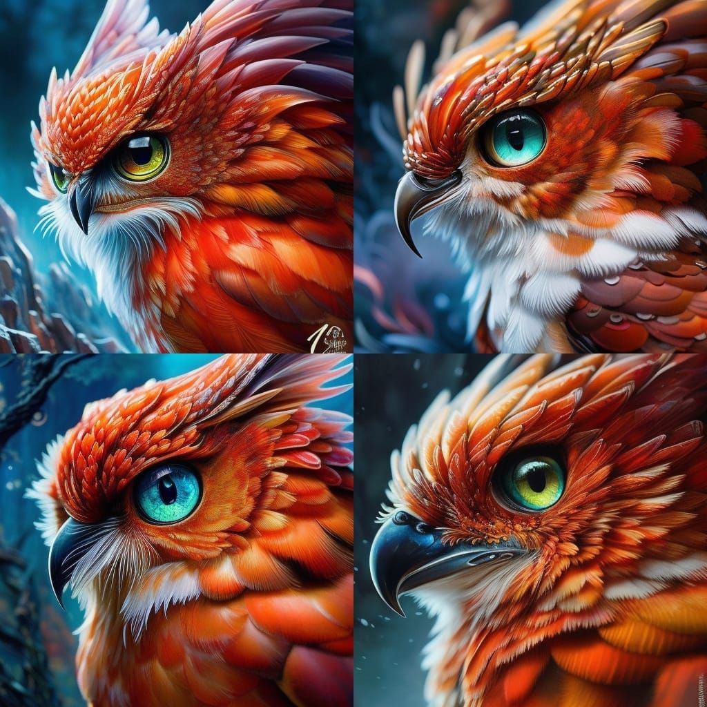 Detailed Fluffy Red Fire Owl Portrait in Gouache Style