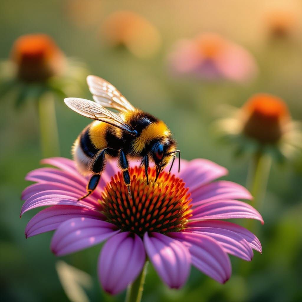 Realistic Bumblebee on Wildflower Macro Photo