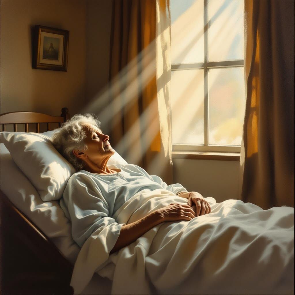 Peaceful Deathbed Scene in Realistic Oil Painting Style