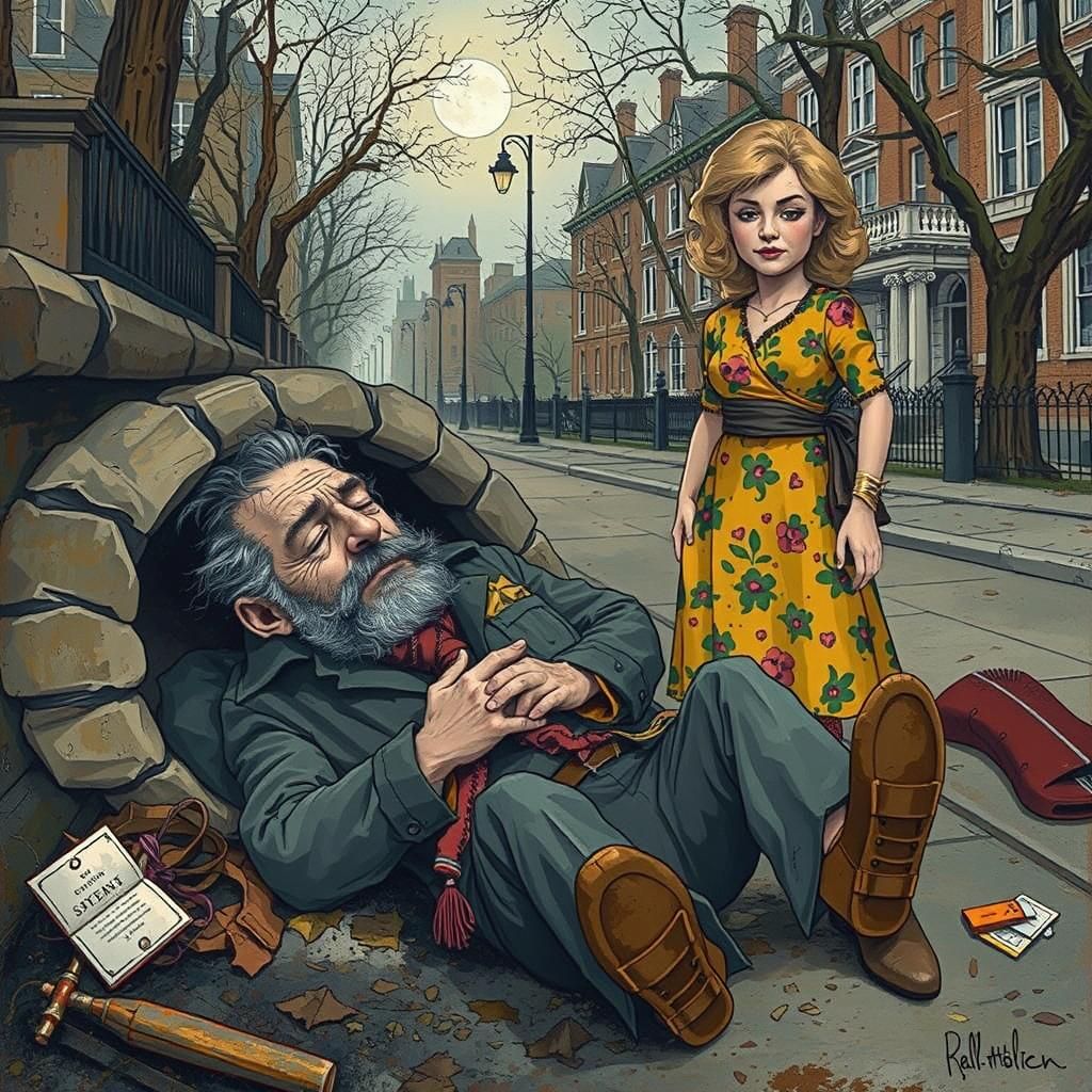 Vagabond Sleeps in Park: Film Noir Illustration