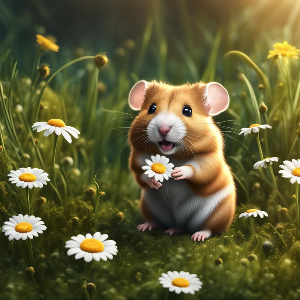 Cute Hamster with Daisy in Grassy Field