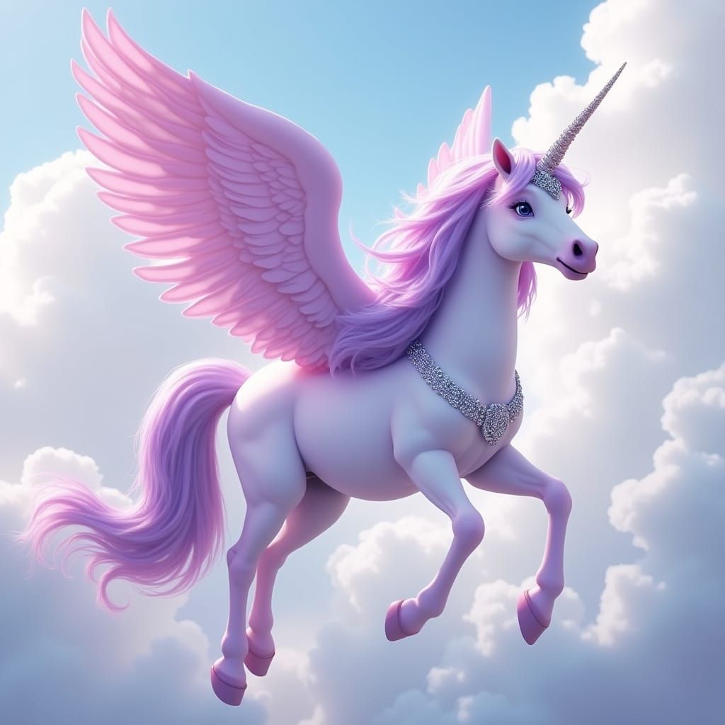 Majestic Unicorn Soars Through Clouds in Whimsical Fantasy S...