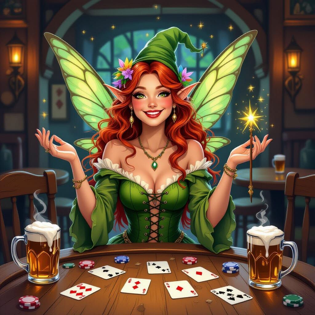 Tipsy Fairy in a Pub, Whimsical Art Style