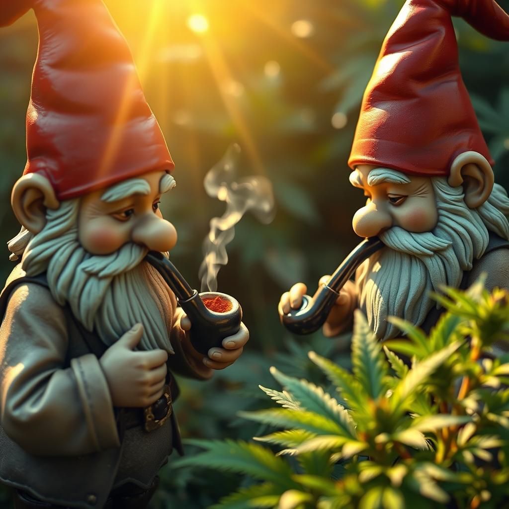(Garden Gnomes Harvesting Marijuana and smoking their pipes....