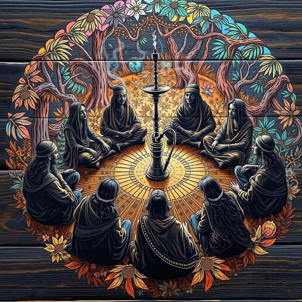 Psychedelic Hookah Party in Dreamy Forest Illustration
