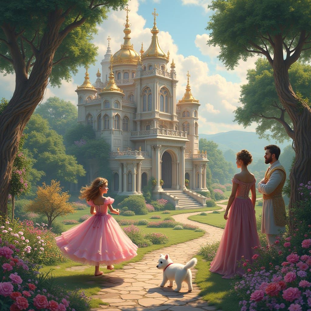 Majestic Palace with Royal Family and Vibrant Garden in Abst...