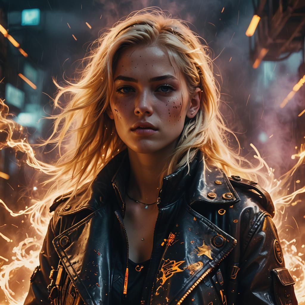 Cyberpunk Babe in Fiery Motion