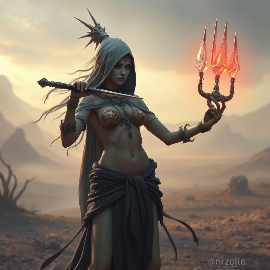 Mystical Woman Wielding Crystalline Fork in Sci-Fi Landscape