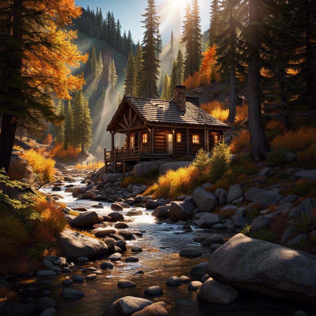 Cozy Mountain Cabin in Autumn Sunlight